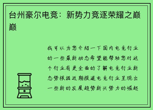 台州豪尔电竞：新势力竞逐荣耀之巅巅